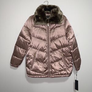 Donna Karan Pink Puffer Jacket with Faux Fur Collar